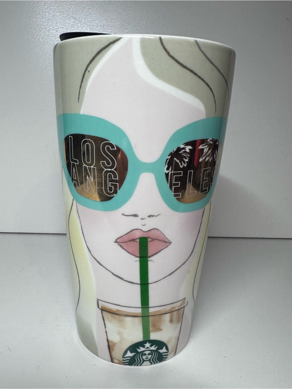 Brand New! Starbucks White Tumbler with Turquoise Sunglasses and Green Straw